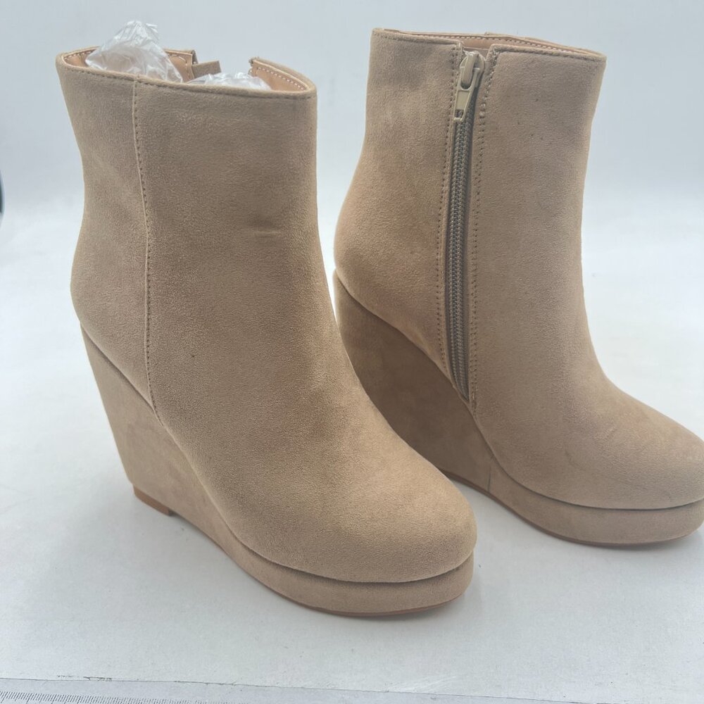 Beige Platform Rounded Toe Ankle Boots Side Zipper High Heel Wedge Short Boot - Picture 3 of 7